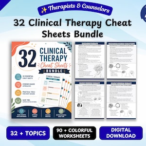 May include: A digital bundle of 32 clinical therapy cheat sheets for therapists and counselors. The main cover features the text 32 Clinical Therapy Cheat Sheets Bundle, with four smaller document previews showing detailed text and line art illustrations.