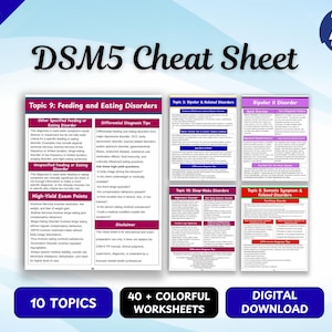 Puede incluir: Una hoja de referencia DSM5 en descarga digital con 10 temas y 40 hojas de trabajo coloridas. El documento incluye secciones sobre trastornos alimentarios, trastornos bipolares, trastornos del sueño y trastornos de síntomas somáticos.