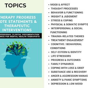 K&ouml;nnte beinhalten: Eine blau-wei&szlig;e Grafik mit dem Titel "Therapy Progress Note Statements & Therapeutic Interventions". Das Bild zeigt eine Kopfsilhouette mit einem blattf&ouml;rmigen Gehirn und eine Liste von Therapiethemen.
