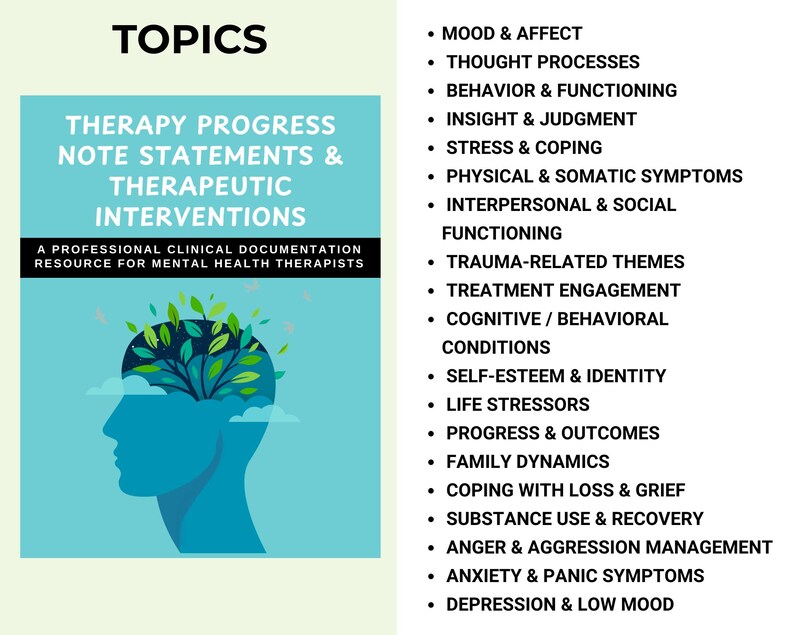 K&ouml;nnte beinhalten: Eine blau-wei&szlig;e Grafik mit dem Titel "Therapy Progress Note Statements & Therapeutic Interventions". Das Bild zeigt eine Kopfsilhouette mit einem blattf&ouml;rmigen Gehirn und eine Liste von Therapiethemen.