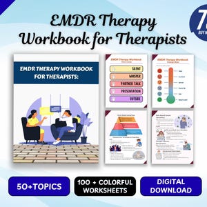 May include: An EMDR Therapy Workbook for Therapists featuring a cover illustration of two people in chairs and four internal pages displaying colourful charts, voice level guides, a feelings thermometer, and various therapeutic worksheets.