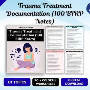 Può includere: Un set di documenti digitali intitolato Trauma Treatment Documentation (100 BIRP Notes) con una copertina che mostra una persona seduta a gambe incrociate circondata da icone di albero, teschio, elicottero, carro armato e bomba, e quattro pagine di note.