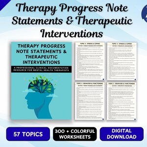 Può includere: Una risorsa digitale intitolata Therapy Progress Note Statements & Therapeutic Interventions per terapisti di salute mentale. La copertina mostra una sagoma blu di una testa con un albero. Sono incluse quattro pagine di schede.