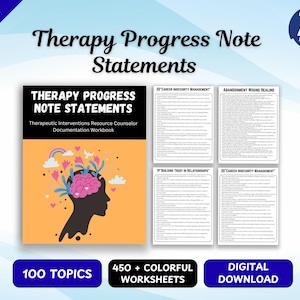 May include: A Therapy Progress Note Statements workbook featuring a black silhouette of a head with a pink brain and colorful floral elements on an orange background, alongside four pages of text-based worksheets with lists of therapeutic interventions.