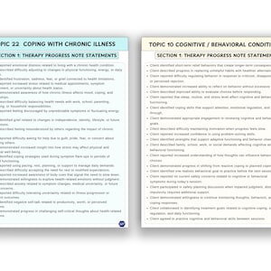 K&ouml;nnte beinhalten: Zweiseitiges Dokument mit Text. Thema 22: Umgang mit chronischen Krankheiten und Thema 10: Kognitive/Verhaltensbedingungen. Jedes Thema hat einen Abschnitt &uuml;ber Therapie-Fortschrittsnotizen.