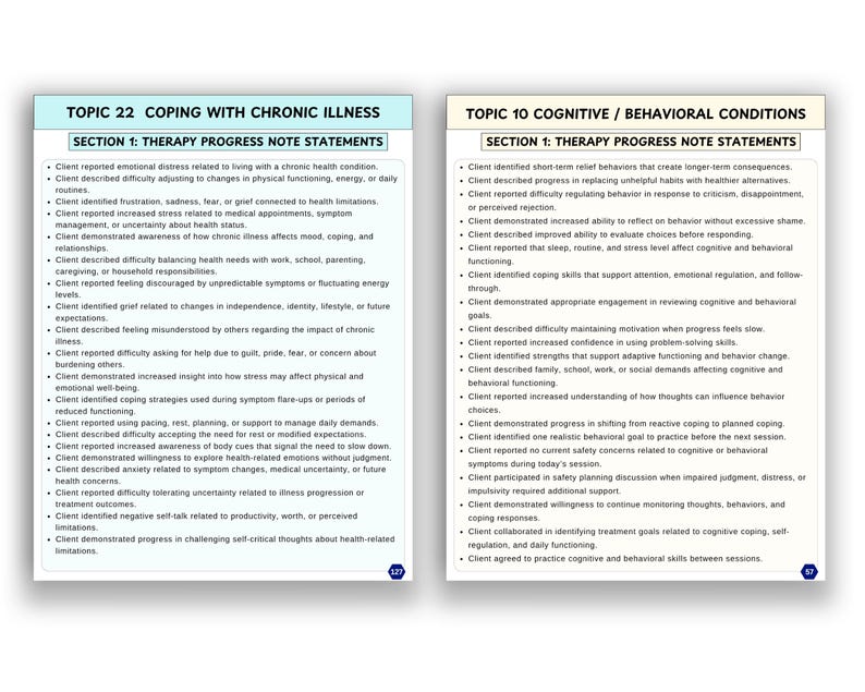 K&ouml;nnte beinhalten: Zweiseitiges Dokument mit Text. Thema 22: Umgang mit chronischen Krankheiten und Thema 10: Kognitive/Verhaltensbedingungen. Jedes Thema hat einen Abschnitt &uuml;ber Therapie-Fortschrittsnotizen.