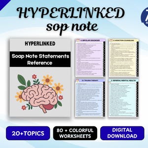 May include: A digital document titled Hyperlinked Soap Note Statements Reference featuring a brain illustration with flowers. It includes four pages covering Bipolar Disorder, Addiction Counseling, Trauma Therapy, and General Mental Health topics.