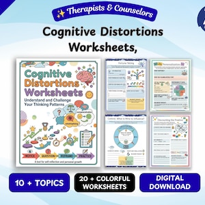 May include: A set of Cognitive Distortions Worksheets featuring a main cover page titled "Understand and Challenge Your Thinking Patterns" with colorful illustrations of a brain, scales, and icons, alongside four individual worksheet pages.