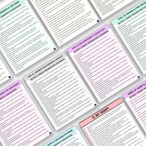 K&ouml;nnte beinhalten: Eine Sammlung farbenfroher Therapienotizen, jede mit einem anderen Thema, darunter Depressionen, Traumata, Beziehungen und Schlafmuster. Die Notizen haben Titel und Abschnitte mit Aufz&auml;hlungspunkten. Die Notizen sind in verschiedenen Pastellfarben gehalten.