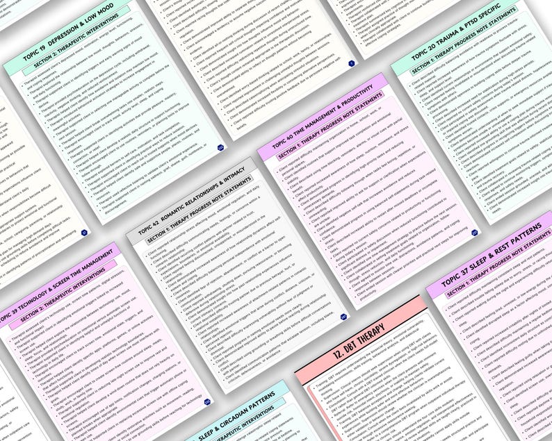 K&ouml;nnte beinhalten: Eine Sammlung farbenfroher Therapienotizen, jede mit einem anderen Thema, darunter Depressionen, Traumata, Beziehungen und Schlafmuster. Die Notizen haben Titel und Abschnitte mit Aufz&auml;hlungspunkten. Die Notizen sind in verschiedenen Pastellfarben gehalten.
