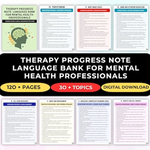 May include: A digital download titled "Therapy Progress Note Language Bank for Mental Health Professionals." The image features a book cover with a brain graphic and several pages detailing topics like perfectionism and body image issues.