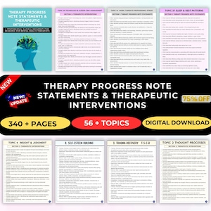 K&ouml;nnte beinhalten: Ein digitaler Download f&uuml;r Therapeuten im Bereich der psychischen Gesundheit. Das Bild zeigt ein Buchcover mit einer blauen Kopfsilhouette und einem Gehirn aus Bl&auml;ttern. Der Titel lautet "Therapy Progress Note Statements & Therapeutic Interventions". Mehrere Seiten mit Themenlisten sind ebenfalls sichtbar.