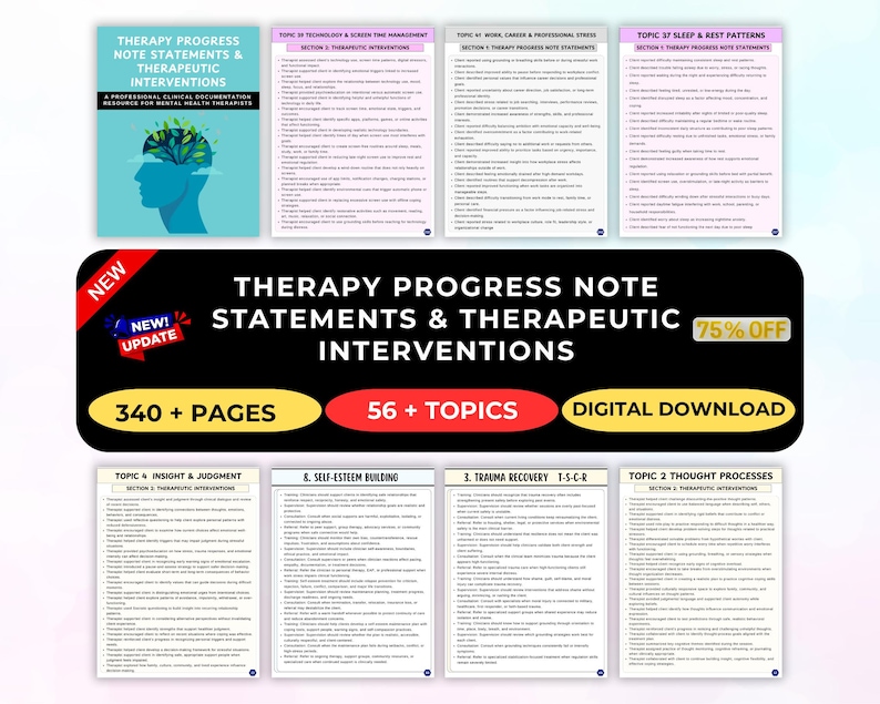 K&ouml;nnte beinhalten: Ein digitaler Download f&uuml;r Therapeuten im Bereich der psychischen Gesundheit. Das Bild zeigt ein Buchcover mit einer blauen Kopfsilhouette und einem Gehirn aus Bl&auml;ttern. Der Titel lautet "Therapy Progress Note Statements & Therapeutic Interventions". Mehrere Seiten mit Themenlisten sind ebenfalls sichtbar.
