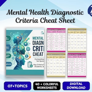 May include: A Mental Health Diagnostic Criteria Cheat Sheet digital download featuring a cover page with three blue human head silhouettes and brain graphics, alongside four internal pages displaying tables for neurodevelopmental and depressive disorders.