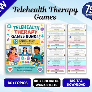 May include: A Telehealth Therapy Games bundle featuring 40 interactive virtual counseling games for kids and teens ages 9-14. The set includes a colorful cover page with illustrations of children using laptops and four pages of detailed activity worksheets.