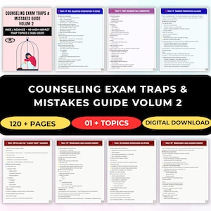 May include: A digital guide titled "Counseling Exam Traps & Mistakes Guide Volume 2" with a pink cover featuring a trapped figure. The guide includes 120+ pages, 01+ topics, and is available as a digital download.