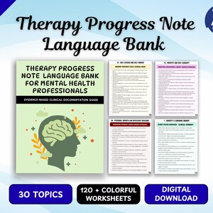 May include: A digital Therapy Progress Note Language Bank guide for mental health professionals. The cover features a light green background with a dark green silhouette of a human head containing a brain graphic, surrounded by orange leaf icons.