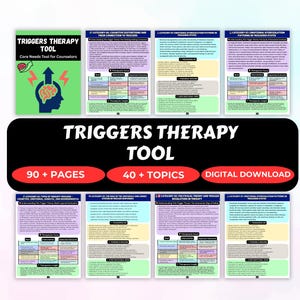 May include: A digital download titled "Triggers Therapy Tool" for counselors. The image features a green cover with a brain graphic and the text "Core Needs Tool for Counselors." The product includes 90+ pages and 40+ topics.