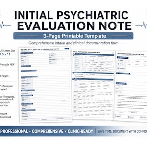 Op de afbeelding: Een afdrukbaar sjabloon van drie pagina's voor een initiële psychiatrische evaluatienota. Het document heeft een professionele lay-out met secties voor patiëntinformatie, geschiedenis, klinische documentatie en behandelplannen.