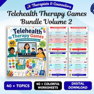 Può includere: Un pacchetto digitale di giochi di terapia in telemedicina volume 2 per bambini dai 9 ai 14 anni, con 40 attività interattive. La copertina mostra un portatile con una videochiamata, una cassetta degli attrezzi, una ruota delle emozioni e schede.