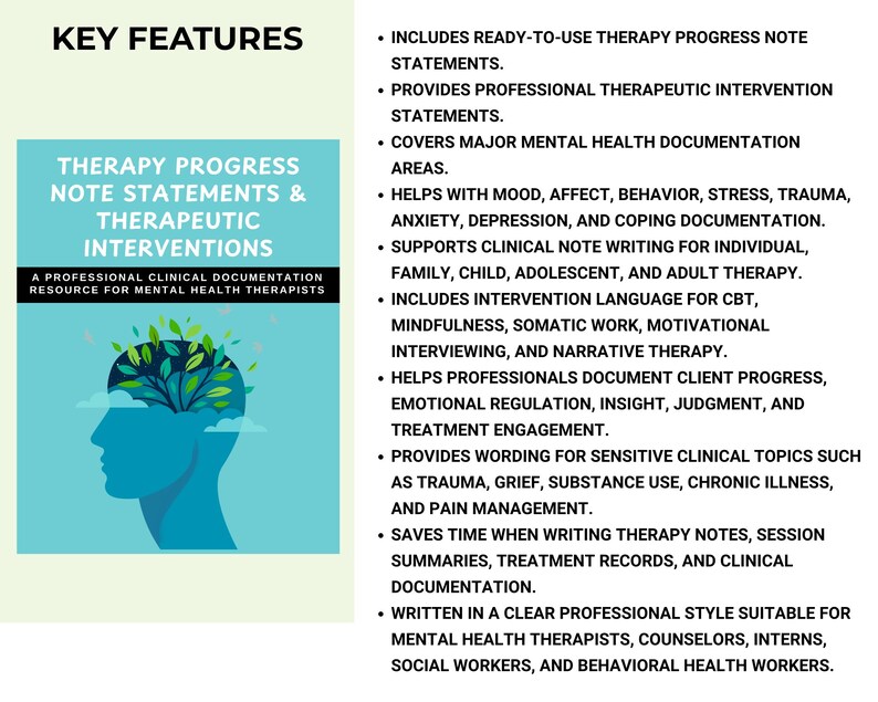 K&ouml;nnte beinhalten: Eine t&uuml;rkisfarbene und wei&szlig;e Grafik mit dem Text "THERAPY PROGRESS NOTE STATEMENTS & THERAPEUTIC INTERVENTIONS" und "A PROFESSIONAL CLINICAL DOCUMENTATION RESOURCE FOR MENTAL HEALTH THERAPISTS." Das Bild zeigt eine blaue Silhouette eines Kopfes mit einem Gehirn aus gr&uuml;nen Bl&auml;ttern.