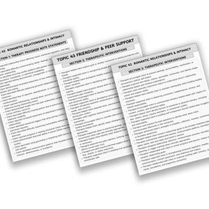K&ouml;nnte beinhalten: Drei wei&szlig;e Papierb&ouml;gen mit Text zu Therapiethemen. Auf dem obersten Bogen steht "Topic 42 Romantic Relationships & Intimacy" und "Section 1: Therapy Progress Note Statements." Die anderen B&ouml;gen haben &auml;hnlichen Text.