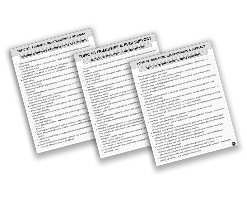 K&ouml;nnte beinhalten: Drei wei&szlig;e Papierb&ouml;gen mit Text zu Therapiethemen. Auf dem obersten Bogen steht "Topic 42 Romantic Relationships & Intimacy" und "Section 1: Therapy Progress Note Statements." Die anderen B&ouml;gen haben &auml;hnlichen Text.