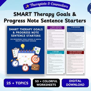 May include: A digital resource titled SMART Therapy Goals & Progress Note Sentence Starters, featuring a dark blue cover with icons of a calendar, clock, target, and lightbulb, alongside four sample pages displaying text for mental health professionals.