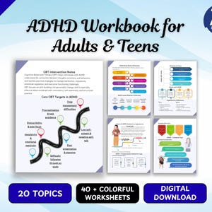 Op de afbeelding: Een ADHD-werkboek voor volwassenen en tieners met 20 onderwerpen en 40 kleurrijke werkbladen. De digitale download bevat pagina's met CGT-interventienotities, kern-ADHD-doelen en diverse diagrammen over hersenverschillen en focus.