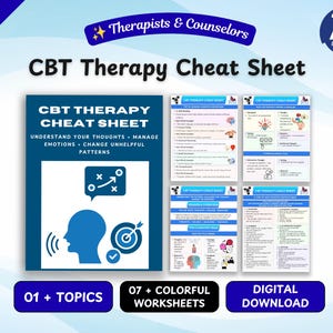 May include: A CBT Therapy Cheat Sheet digital download featuring a dark blue cover with a white head silhouette, speech bubble, and target icon. The set includes four pages of colorful worksheets detailing cognitive behavioral therapy techniques.