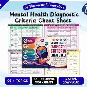 May include: A digital mental health diagnostic criteria cheat sheet set for therapists and counselors. The collection includes 45 colorful worksheets covering over 5 topics, featuring tables for trauma, stressor-related, and neurodevelopmental disorders.