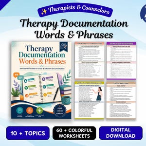 Pode incluir: Um guia de download digital intitulado Therapy Documentation Words & Phrases para terapeutas e conselheiros. O conjunto inclui uma capa com uma ilustração de um caderno espiral e quatro páginas adicionais com listas de habilidades de enfrentamento, autodiálogo, descrições de comportamento e emoções.