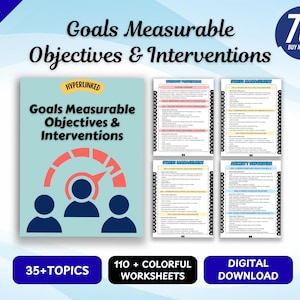 Könnte beinhalten: Ein digitaler Download mit dem Titel Goals Measurable Objectives & Interventions, bestehend aus einem hellblauen Deckblatt mit roter Tacho-Grafik und drei dunkelblauen Silhouetten. Enthält 110 farbige Arbeitsblätter zu 35+ Themen.