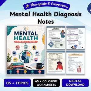 Könnte beinhalten: Ein digitaler Download-Satz mit Notizen zur psychischen Gesundheitsdiagnose für Therapeuten und Berater, bestehend aus einem Deckblatt mit Gehirn-Puzzle-Grafik, fünf farbigen Arbeitsblättern mit medizinischen Informationen und Text.