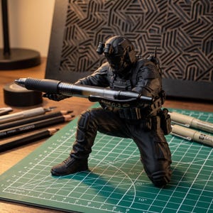 Könnte beinhalten: Eine schwarze taktische Soldatenfigur in kniender Position, die einen Pilot G-2 Stift wie ein Gewehr hält. Die Figur trägt einen Helm mit Nachtsichtgerät, eine taktische Weste und eine Cargohose, alles in einem mattschwarzen Finish gehalten.