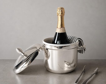Cubitera vintage de plata con tapa, forro y pinzas de International Silver Co. / Elegante complemento para carrito de bar