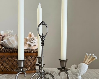 Vintage Pewter 3-Arm Candelabra, Scroll Arm Candle Holder | Classic European Estate Decor | Tabletop Centerpiece