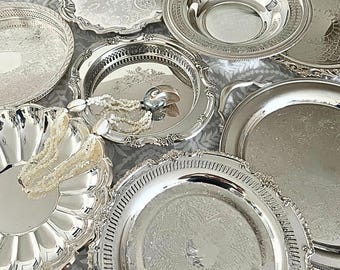 Vintage Silverplate Serving Trays | Ornate Round and Footed Trays | Vanity, Bar, Table & Decorative Display