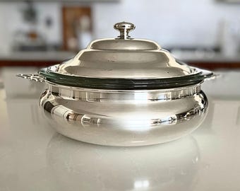 Vintage Kent Silverplate Covered Casserole With 2 Qt Glasbake Liner | Refined Silver Buffet Server | MCM