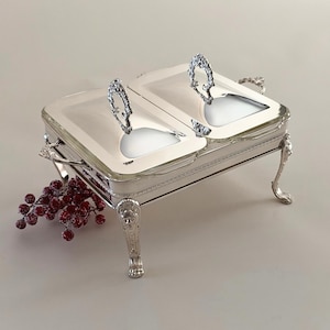 May include: A silver-plated rectangular double chafing dish featuring two removable glass inserts, two lids with ornate handles, and four decorative legs with lion head motifs. The polished metal frame includes side handles and a beaded rim.