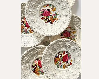 Set of 6 Wedgwood Bullfinch Wellesley Plates, 7 Inch Chinoiserie Dessert China