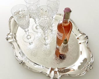 VINTAGE / Bandeja de camarero Gorham Chantilly plateada YC1397/1 / Bandeja grande de 68,5 cm con grabado / Bandeja de servicio de té para carrito de bar ornamentada