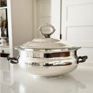 May include: A polished silver-toned serving tureen with a rounded body, two ornate side handles, and a matching lid featuring a decorative oval-shaped finial. The metallic surface is highly reflective, showing a smooth, curved exterior design.