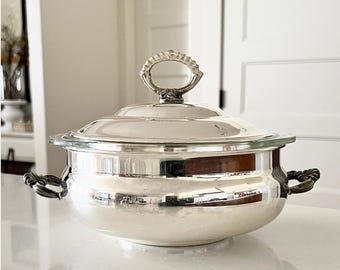 VINTAGE | Silverplate Covered Casserole Server with 1.5 Qt PYREX Liner | Ornate Shell Handles | F.B. Rogers