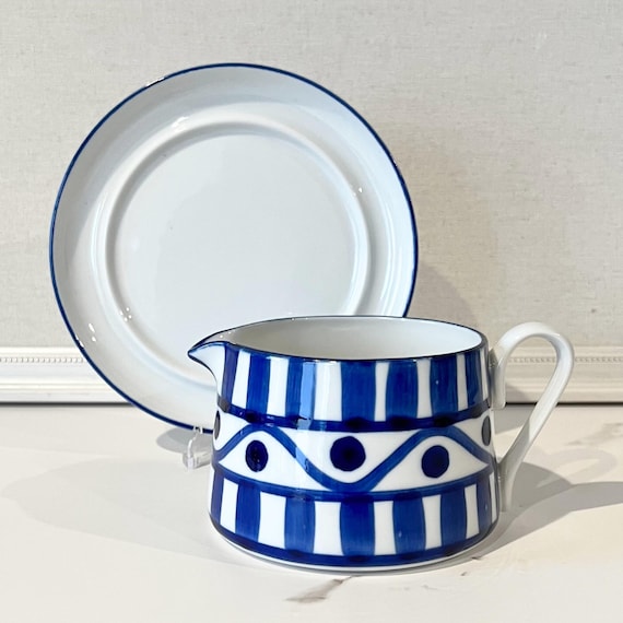 Vintage Dansk Arabesque Gravy Boat with Underplate | Blue & White Stoneware | Scandinavian Modern Tableware