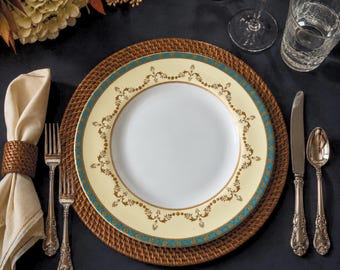VINTAGE / Juego de 4 platos de ensalada Spode Chatsworth / Porcelana inglesa de hueso / Azul turquesa y dorado / Platos de 20 cm / Década de 1990