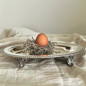 May include: A silver-toned oval serving tray with a beaded rim and three ornate, curved feet. Centered on the tray is a small, brown chicken egg nestled within a circular bed of dried, tangled, light brown fibrous plant material or moss.