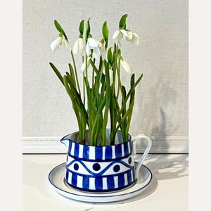 Op de afbeelding: Een decoratieve kan met een blauw en wit geometrisch patroon, met kunstsneeuwklokjesbloemen. De kan staat op een bijpassende schotel. De sneeuwklokjes hebben witte bloemblaadjes en groene stelen.