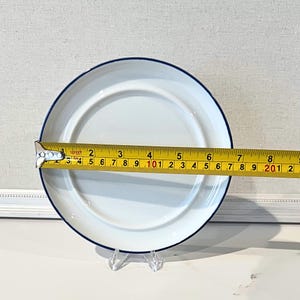 Op de afbeelding: Witte bord met een blauwe rand, ongeveer 20 cm in diameter. Het bord wordt gepresenteerd op een transparante standaard, met een meetlint. Het bord heeft een eenvoudig, klassiek ontwerp.