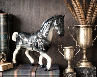 Vintage Ceramic Horse Figurine | Black & White Ombré Glaze, Mid-Century Equestrian Decor